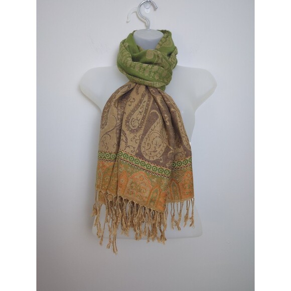 Paisley Pashmina & Silk Scarf Shawl Wrap One Size Elegant Sage Green/Orange - Picture 8 of 10